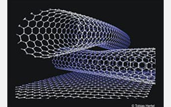 Image showing ball and stick model of two crossing carbon nanotubes on a graphite surface.