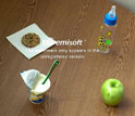 Images of a green dot on a bottle, cup with yogurt, cookie and an apple.