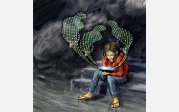 Image of seated child with three cyberbullies each with belt lock rising from her laptop.