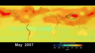 Mid-Tropospheric Carbon dioxide observed from the AIRS instrument on May 30, 2007. This imagewas featured at The International Geoscience and Remote Sensing Symposium in Munich, Germany in July 2012.