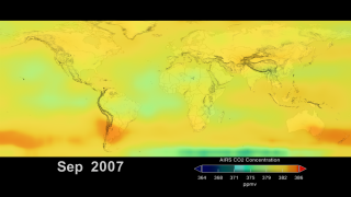Mid-Tropospheric Carbon dioxide observed from the AIRS instrument on September 30, 2007. This imagewas featured at The International Geoscience and Remote Sensing Symposium in Munich, Germany in July 2012.
