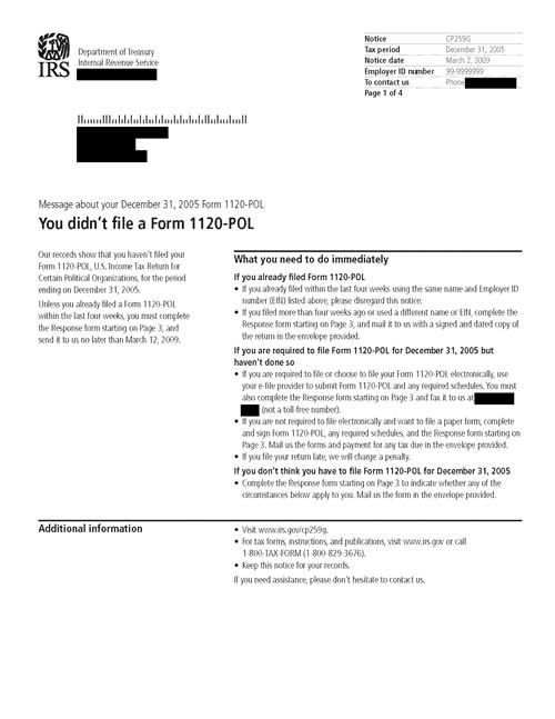 Image of page 1 of a printed IRS CP259G Notice