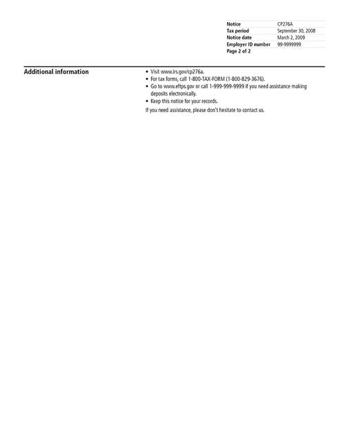 Image of page 2 of a printed IRS CP276A Notice
