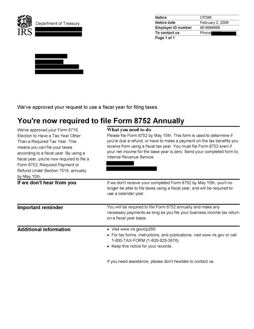 Image of page 1 of a printed IRS CP286 Notice