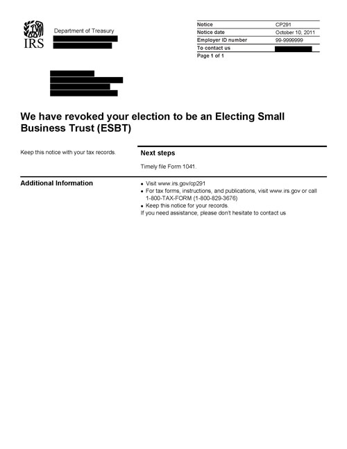 Image of page 1 of a printed IRS CP291 Notice