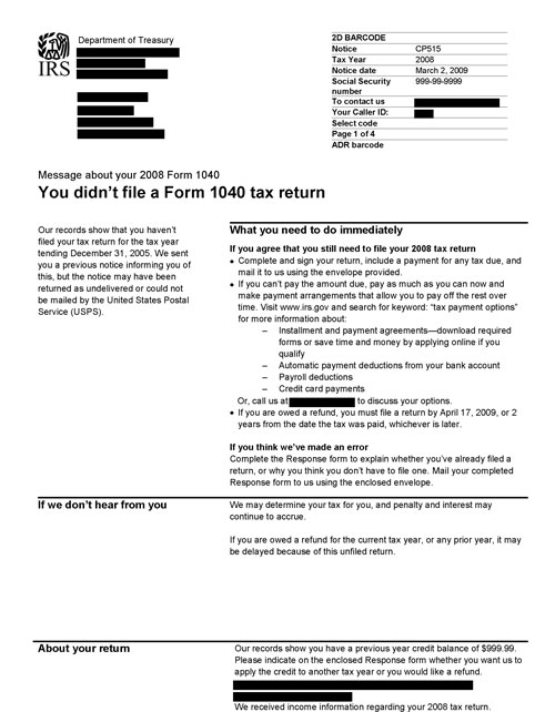 Image of page 1 of a printed IRS CP515I Notice