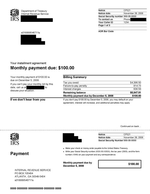 Image of page 1 of a printed IRS CP521 Notice