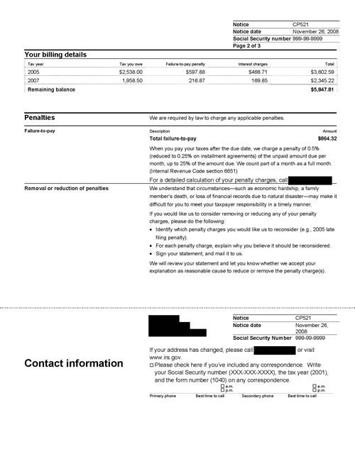 Image of page 2 of a printed IRS CP521 Notice