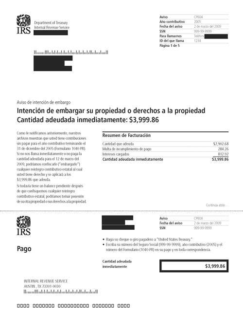 Image of page 1 of a printed IRS CP604 Notice