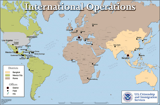 World map showing USCIS international offices