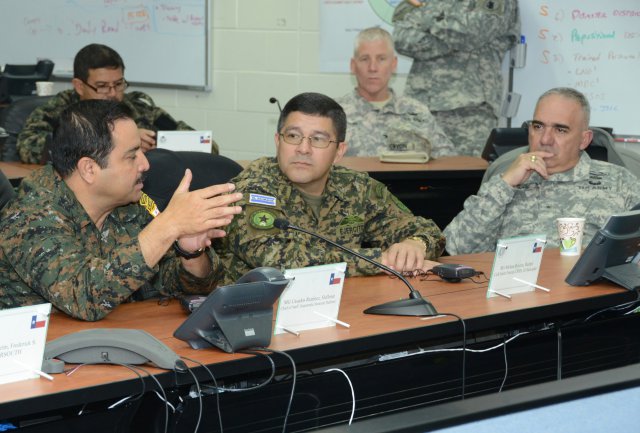 Guatemalan Maj. Gen. Hellmut Rene Casados, the chief of staff of the Guatemalan National Defense, speaks to Salvadoran Brig. Gen. Rafael Melara, the chief of staff of the Salvadoran army, and Brig. Gen. Orlando Salinas, the U.S. Army South deputy commanding general, during the Central American Regional Leaders Conference visit to Camp Mabry, Texas, Jan. 30, 2013.