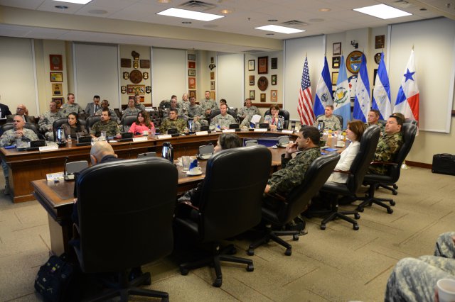 Maj. Gen. Frederick S. Rudesheim (head of table), the commanding general of U.S. Army South, leads a discussion during the first day of the 2013 Central American Regional Leaders' Conference at the Army South headquarters on Fort Sam Houston, Texas, Jan. 29, 2013.
