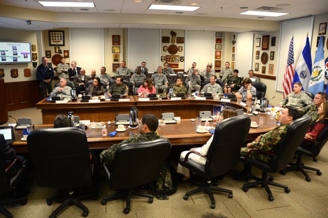 Maj. Gen. Frederick S. Rudesheim (head of table), the commanding general of U.S. Army South, leads a discussion during the first day of the 2013 Central American Regional Leaders' Conference at the Army South headquarters on Fort Sam Houston, Texas, Jan. 29, 2013.
