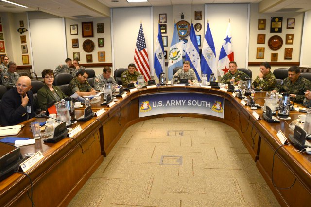 Maj. Gen. Frederick S. Rudesheim (head of table), the commanding general of U.S. Army South, leads a discussion during the first day of the 2013 Central American Regional Leaders' Conference at the Army South headquarters on Fort Sam Houston, Texas, Jan. 29, 2013.