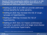 This slide summarizes the most pertinent results from the Comparative Effectiveness Review (CER) on the benefits and harms of adding an angiotensin-converting enzyme inhibitor (ACEI) or an angiotensin II receptor blocker (ARB) to standard medical therapy for stable ischemic heart disease with preserved left ventricular systolic function as compared to standard medical therapy alone or with a placebo. The next several slides will discuss these data in greater detail. When considered together, the benefits and harms of adding an ACEI or an ARB to standard medical therapy indicate that there may be a clinical benefit from such therapy for some patients with stable ischemic heart disease and preserved left ventricular systolic function (LVSF). However, the potential risks of cough, syncope, or hyperkalemia should be considered for each individual patient before adding an ACEI or an ARB to his or her treatment regimen. Very few of the trials evaluated for the CER compared the addition of an ACEI or an ARB or both to an active control. Only two trials compared the addition of an ACEI or a calcium channel blocker to standard medical therapy (Nissen et al., 2004; Yiu et al., 2004). In both trials, the clinical benefits were similar between the two treatment arms, and there was some limited evidence that ACEIs may increase the risk for hypotension and cough. Additional trials are required to make any definitive clinical recommendations with regard to the addition of calcium channel blockers over ACEIs to standard medical therapy. Cardiovascular events are the leading cause of death in patients treated with hemodialysis for chronic kidney disease. Among these patients, left ventricular hypertrophy is considered to be an ischemic heart disease equivalent, as defined by the National Kidney Foundation. In a clinical trial conducted by Zannad et al. (2006), however, there was no impact on cardiovascular mortality after fosinopril, an ACEI, was added to standard therapy for patients with end-stage renal disease and left ventricular hypertrophy.
