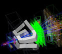 Simulation of a particle collision in the LHCb detector.