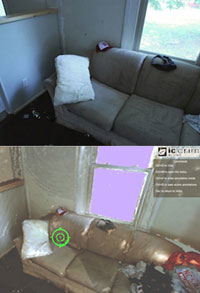 Photos of a real crime scene on top and a simulated crime scene on bottom.