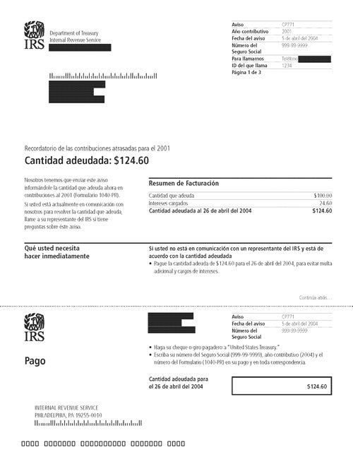 Image of page 1 of a printed IRS CP771 Notice