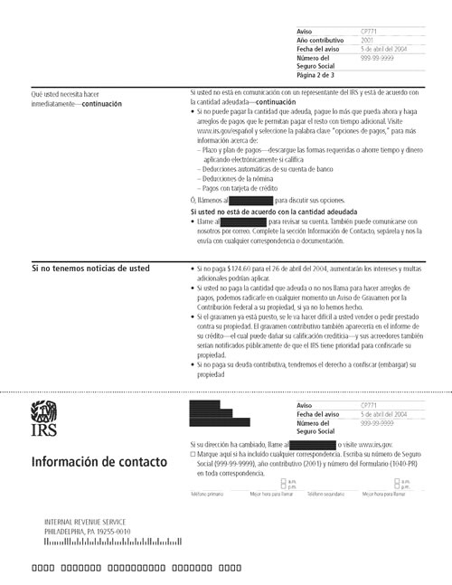 Image of page 2 of a printed IRS CP771 Notice