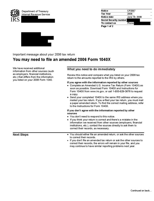 Image of page 1 of a printed IRS CP2057 Notice