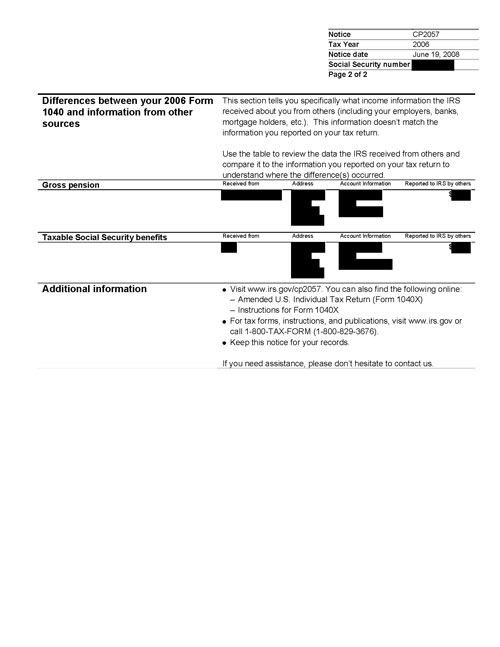 Image of page 2 of a printed IRS CP2057 Notice