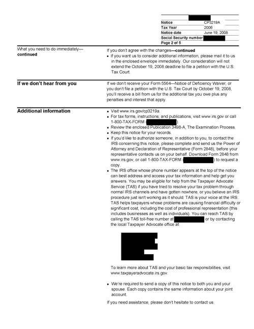 Image of page 2 of a printed IRS CP3219A Notice