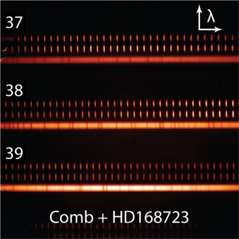 Infrared starlight (three solid band) by comparing the missing light to a laser frequency comb reference "ruler" (sets of bright vertical bars indicating precise wavelengths, which increase from left to right).  Credit: CU/NIST/Penn State