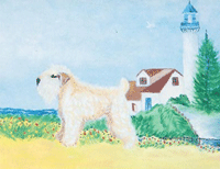 Painting of dog by lighthouse