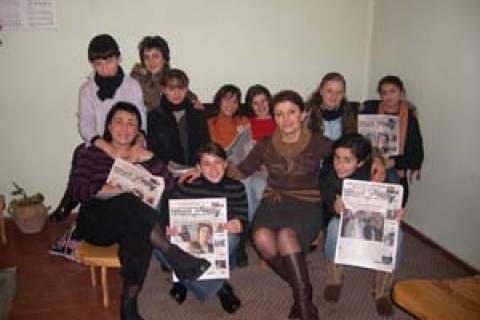 The editorial board and volunteers of the political newspaper Meskheti Express, including Marina Modebadze (a founder and curren