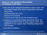 Early vs. Late Surgical Intervention for Rotator Cuff Tears
One randomized controlled trial conducted by Moosmayer et al. compared early surgical repair vs. late surgical repair after failed nonoperative treatment. One hundred and three patients with small or medium-sized full-thickness rotator cuff tears were randomly assigned to nonoperative treatment, which consisted of manual techniques and exercises (n=51) or immediate surgical repair (n=52); 102 patients were followed for a minimum of 12 months. Nine of the patients initially randomized to nonoperative treatment were not satisfied with their degree of improvement after completing 15 treatment sessions, and were offered secondary surgery; these patients constituted the late surgery group. Patients receiving early surgery showed a trend towards superior function when compared with the delayed surgical group on the Constant-Murley Score (improvement of 41.5 points and 33.6 points, respectively); however, the level of significance was not reported and a selection bias may exist due to patients who refused surgery. Overall, evidence is too limited to draw conclusions about  the comparative effectiveness of early surgical  repair when compared to late surgical repair following nonoperative interventions and the level of evidence was low.
