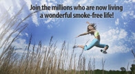 Jumping lady with text: Join the millions who are now living a wonderful smokefree life!