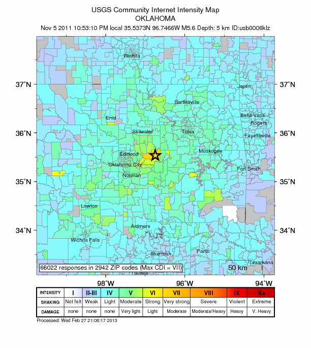 A map showing the various reported levels of shaking around Oklahoma City after the November 5 M5.6 earthquake