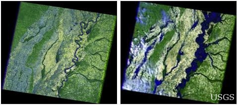 The 2006 image (left) show the river in a more normal state, while the 2011 image (right) shows the massive flooding. The dark blue tones represent water or flooded areas, the light green is cleared fields, and light tones are clouds.