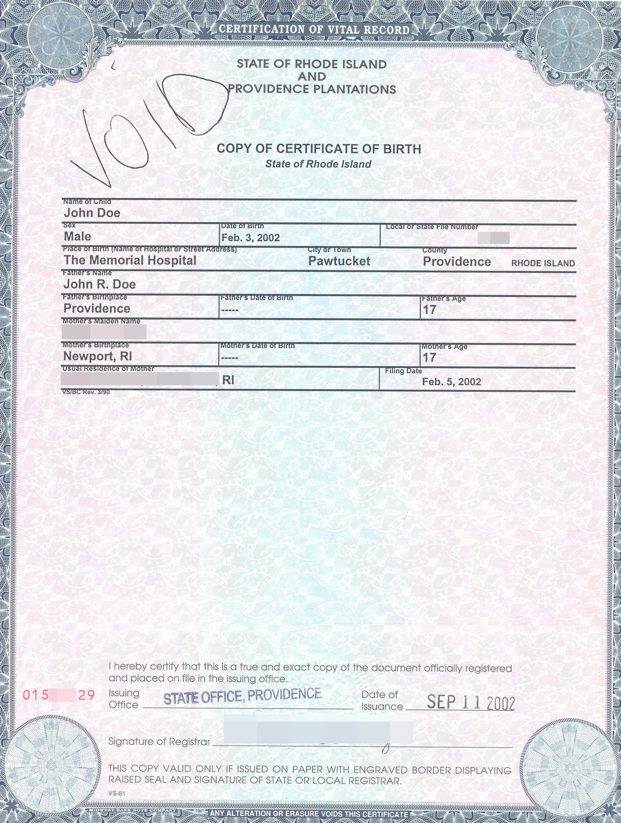 Image of a RI Birth Certificate