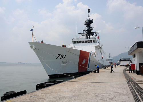 The U.S. Coast Guard Legend-class national security cutter USCGC Waesche moors at Lumut Naval Base. 