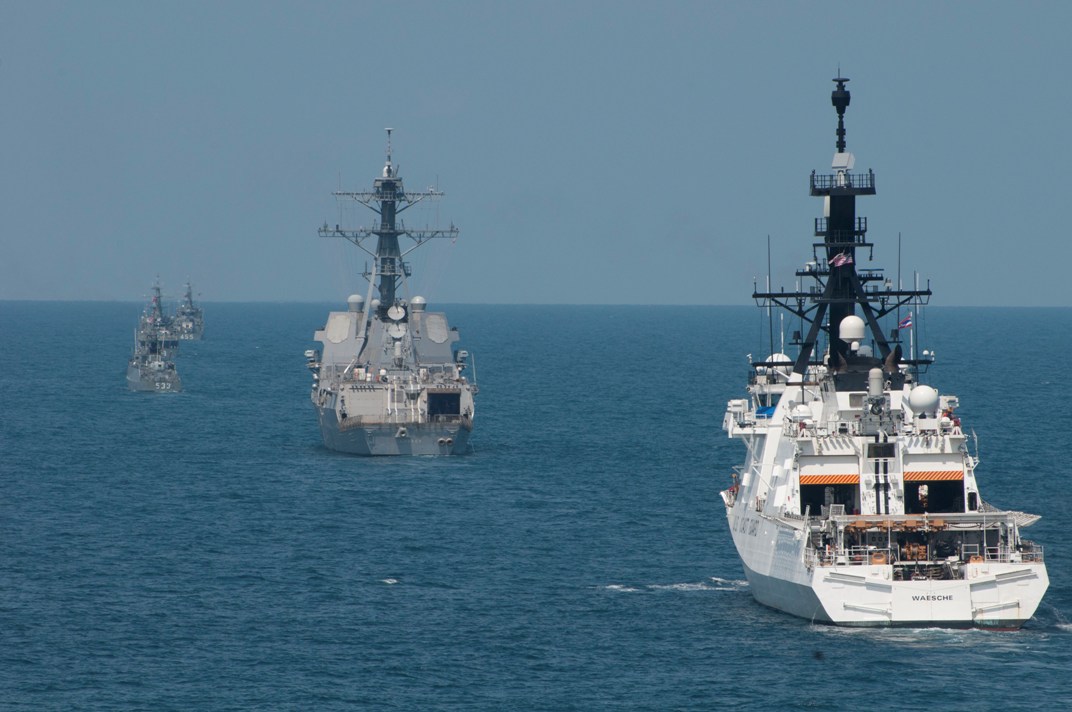 USS Lassen and Thai Navy ships steam together during portion of CARAT 2012 Thailand.
