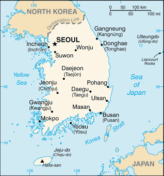 Date: 07/11/2011 Location: South Korea Description: Map of South Korea from CIA Factbook © CIA