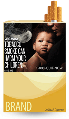 Text: WARNING: Tobacco smoke can harm your children. Image: Baby in woman’s arms, with smoke approaching baby. Cessation Resource: 1-800-QUIT-NOW On a cigarette pack Copyright: U.S. HHS