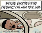 Text: WARNING: Smoking during pregnancy can harm your baby. Image: Illustration of premature baby crying in incubator. Cessation Resource: 1-800-QUIT-NOW Copyright: U.S. HHS