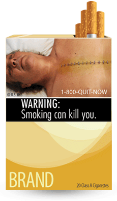 Text: WARNING: Smoking can kill you. Image: Deceased man with surgical staples going down his chest. Cessation Resource: 1-800-QUIT-NOW On a cigarette pack Copyright: U.S. HHS