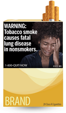 WARNING: Tobacco smoke causes fatal lung disease in nonsmokers. Image: Woman very upset, crying holding hand her face.  Cessation Resource: 1-800-QUIT-NOW On a pack of cigarettes.  Copyright: U.S. HHS