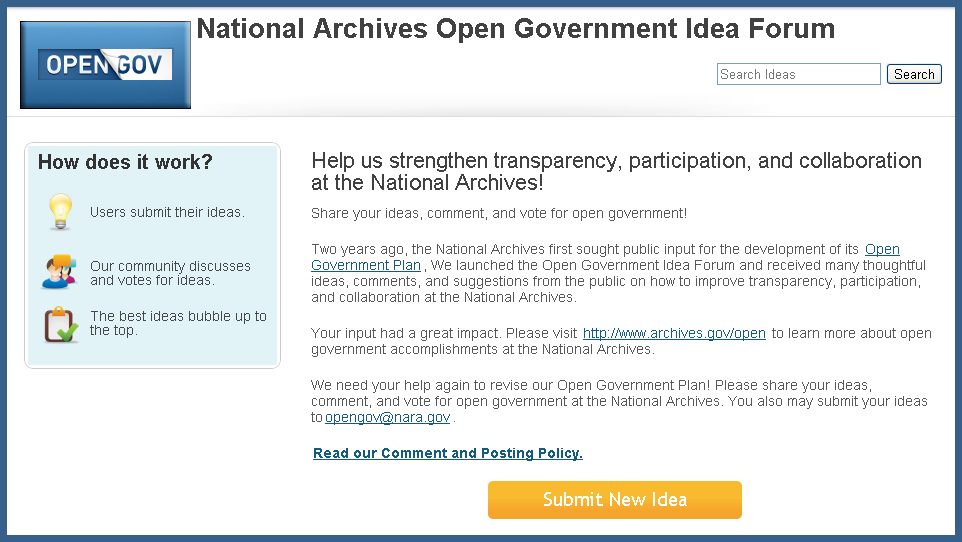 Screen Shot of the Open Government Idea Forum