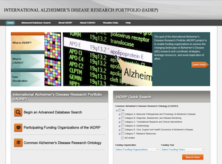 Screen shot of International Alzheimer's Disease Research Portfolio web site