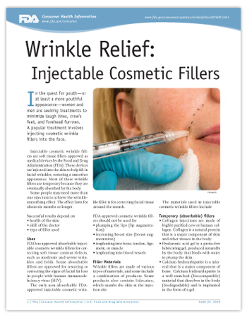 Cover page of PDF version of Wrinkle Relief: Injectable Cosmetic Fillers article, including photo of woman getting wrinkle filler injection to face