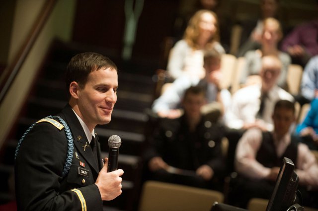 Capt. Scotty Smiley, assistant professor of military science at Gonzaga University, Wash., speaks recently during an event on campus.