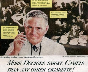 Old advertisement of doctor who is smoking a cigarette.