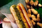 A hot dog and peanuts at the ballpark.