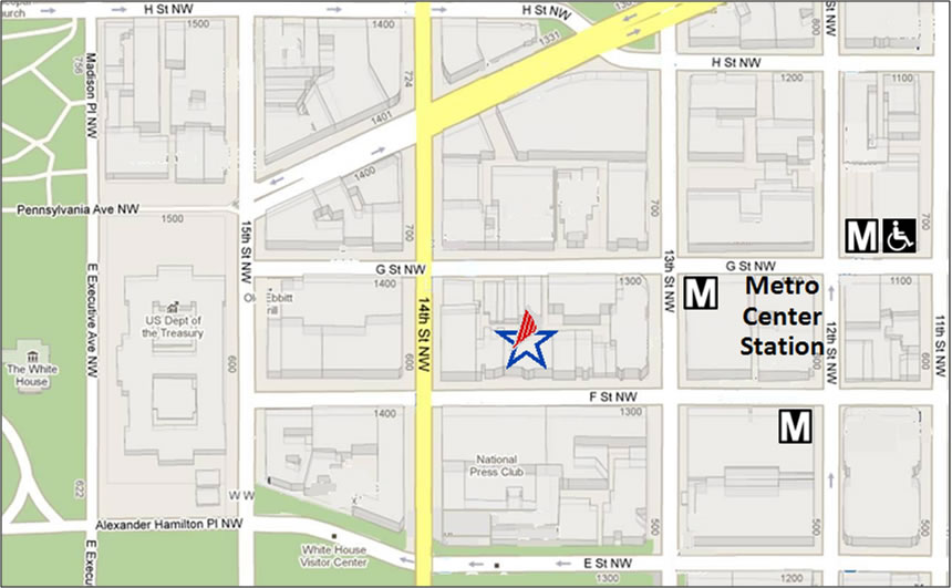 Map of downtown D.C. showing the location of the Board’s offices on F Street, N.W., mid-block between 13th and 14th streets and Metro Center Station entrances/exits at 12th and G Streets (accessible), 13th and G Streets (inaccessible), and 12th and F Streets (inaccessible).