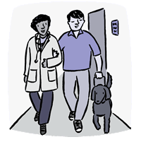 Man with seeing eye dog walking arm in arm with a doctor