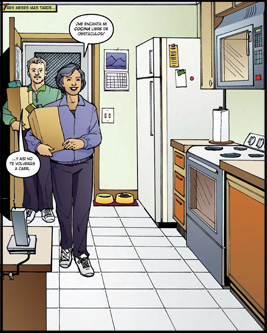 Isabel entra a una cocina limpia, cargando bolsas de comida